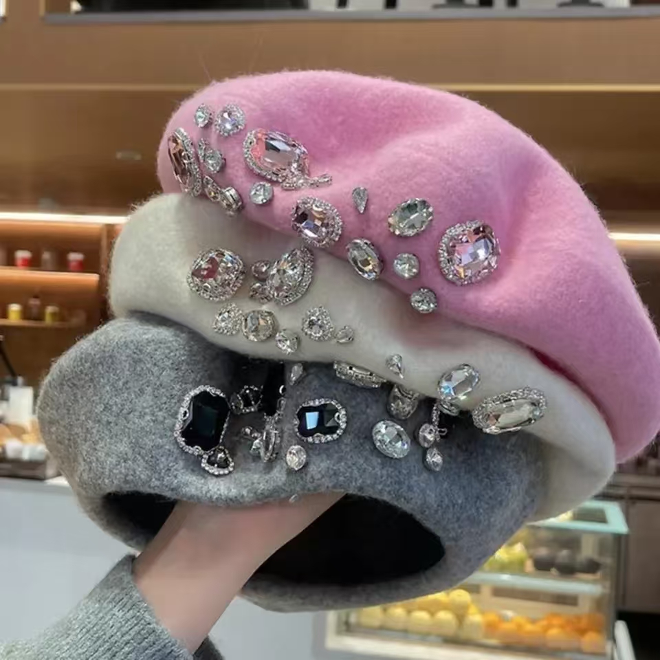 French Beret Thick Rhinestone  - Beret French Wool บทวิจารณ์และราคา