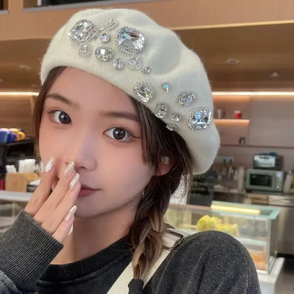 French Beret Thick Rhinestone  - Beret French Wool บทวิจารณ์และราคา