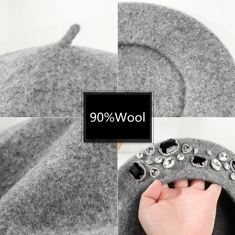French Beret Thick Rhinestone  - Beret French Wool บทวิจารณ์และราคา
