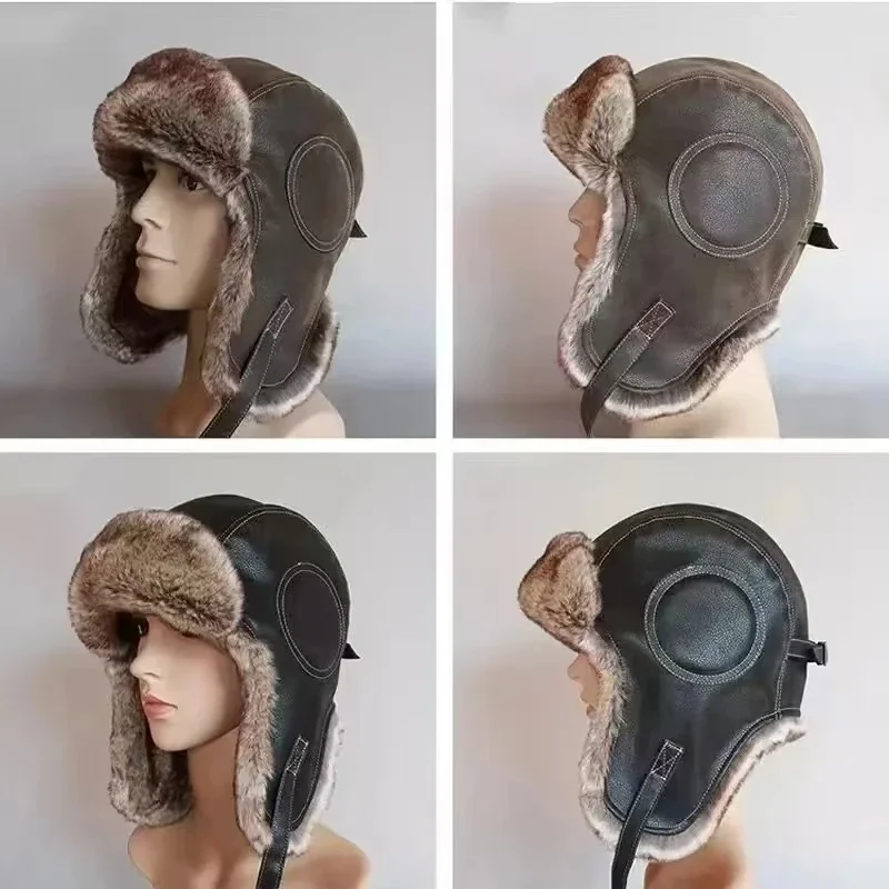 Leather SnowWint Cap With Ear  - Trapper Hat Ear Flap บทวิจารณ์และราคา