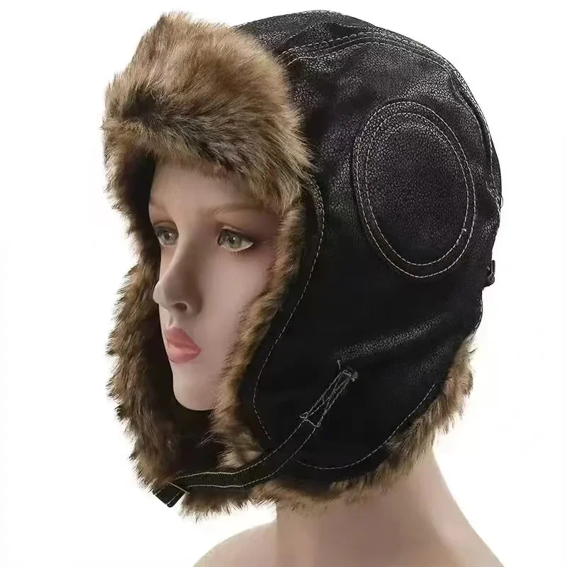 Leather SnowWint Cap With Ear  - Trapper Hat Ear Flap บทวิจารณ์และราคา