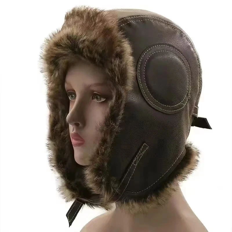 Leather SnowWint Cap With Ear  - Trapper Hat Ear Flap บทวิจารณ์และราคา
